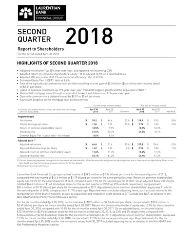 Thumbnail Laurentian Bank of Canada Quarterly Report 2018-q2