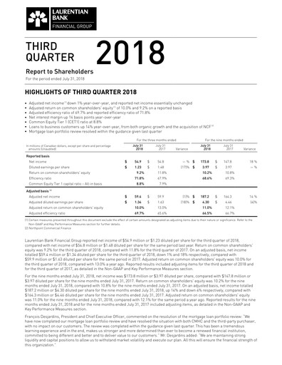 Thumbnail Laurentian Bank of Canada Quarterly Report 2018-q3