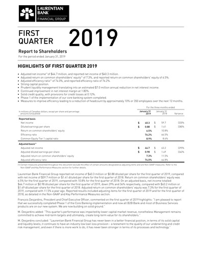 Thumbnail Laurentian Bank of Canada Quarterly Report 2019-q1