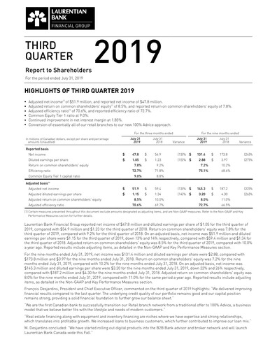 Thumbnail Laurentian Bank of Canada Quarterly Report 2019-q3