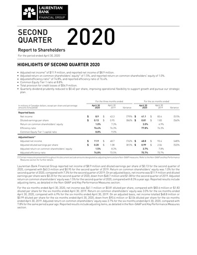 Thumbnail Laurentian Bank of Canada Quarterly Report 2020-q2