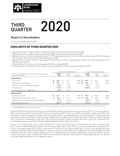 Thumbnail Laurentian Bank of Canada Quarterly Report 2020-q3