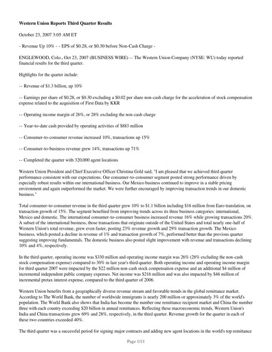 Thumbnail Western Union Quarterly Report 2007-q3