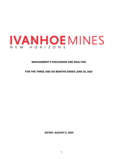Miniature Ivanhoe Mines
 Rapport trimestriel 2020-q2