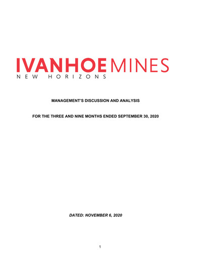 Miniature Ivanhoe Mines
 Rapport trimestriel 2020-q3