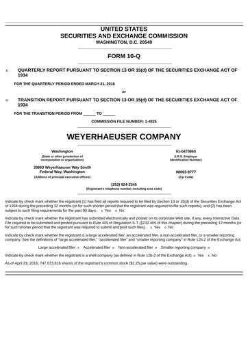 Thumbnail Weyerhaeuser
 Quarterly Report 2016-q1