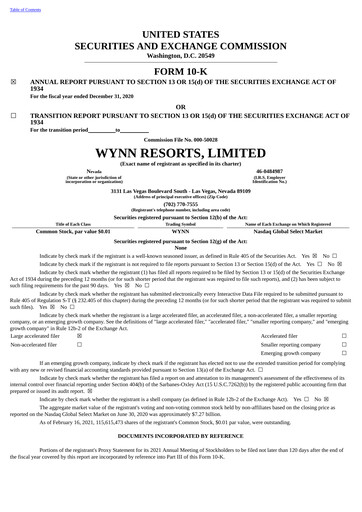 Thumbnail Wynn Resorts
 Annual Report 2020