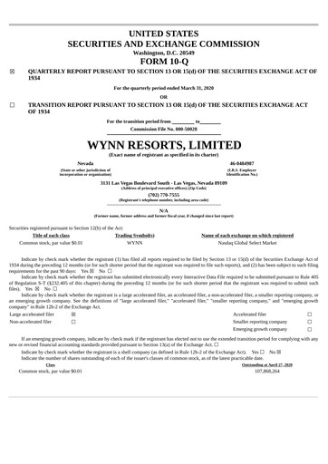 Thumbnail Wynn Resorts
 Quarterly Report 2020-q1