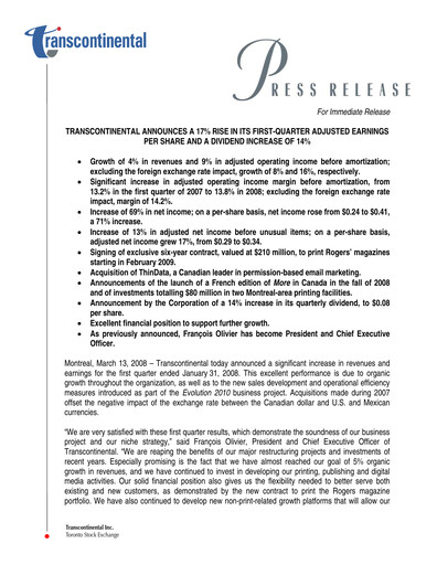 Thumbnail Transcontinental Quarterly Report 2008-q1