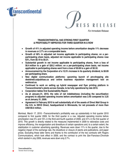 Thumbnail Transcontinental Quarterly Report 2010-q1