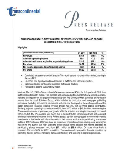 Thumbnail Transcontinental Quarterly Report 2011-q1