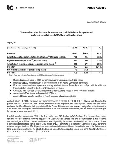 Thumbnail Transcontinental Quarterly Report 2013-q1