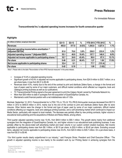 Thumbnail Transcontinental Quarterly Report 2013-q3