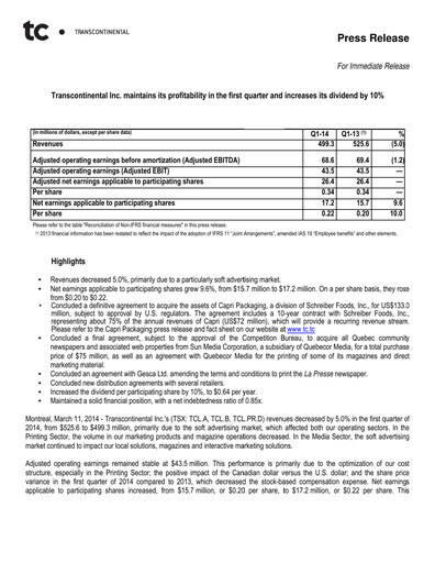 Thumbnail Transcontinental Quarterly Report 2014-q1