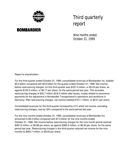 Thumbnail Bombardier Quarterly Report 1999-q3