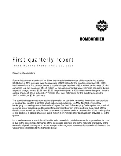 Thumbnail Bombardier Quarterly Report 2000-q1