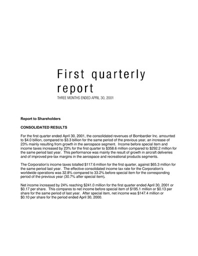 Thumbnail Bombardier Quarterly Report 2001-q1
