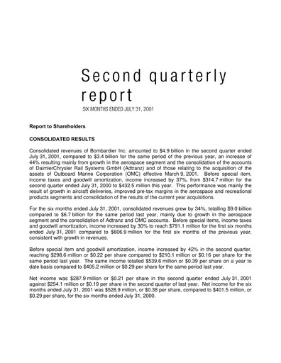 Thumbnail Bombardier Quarterly Report 2001-q2
