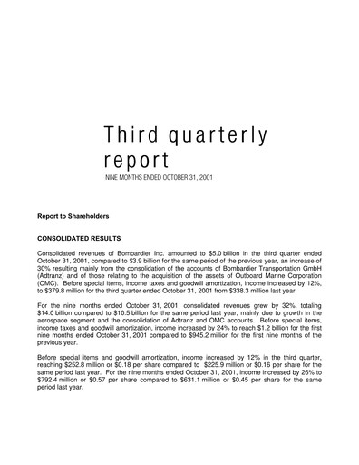 Thumbnail Bombardier Quarterly Report 2001-q3