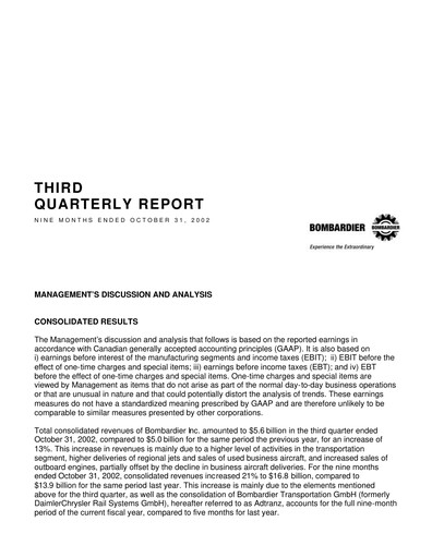 Thumbnail Bombardier Quarterly Report 2002-q3