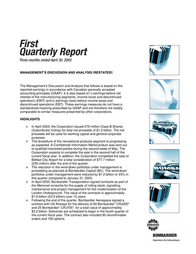 Thumbnail Bombardier Quarterly Report 2003-q1
