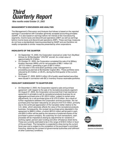 Thumbnail Bombardier Quarterly Report 2003-q3