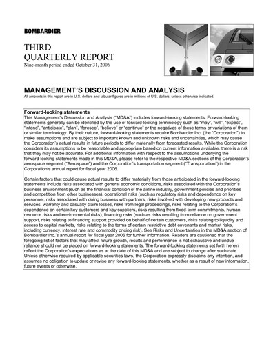 Thumbnail Bombardier Quarterly Report 2006-q3