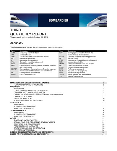 Miniature Bombardier Rapport trimestriel 2010-q3