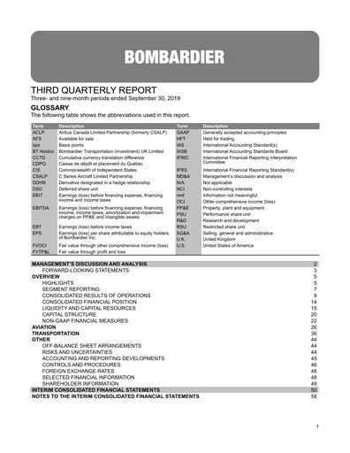 Thumbnail Bombardier Quarterly Report 2019-q3