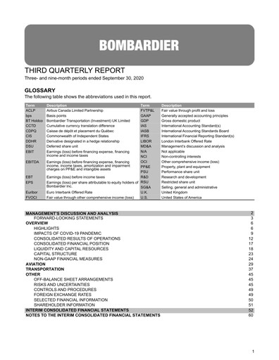 Thumbnail Bombardier Quarterly Report 2020-q3