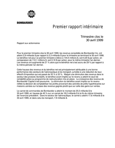 Miniature Bombardier Rapport trimestriel 1999-q1