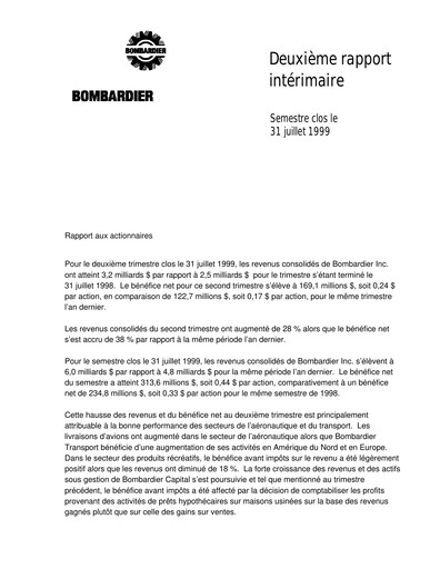 Miniature Bombardier Rapport trimestriel 1999-q2