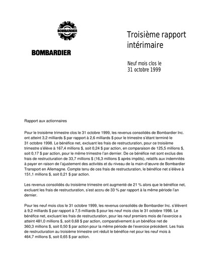 Miniature Bombardier Rapport trimestriel 1999-q3