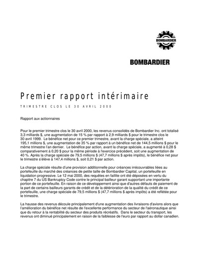 Miniature Bombardier Rapport trimestriel 2000-q1