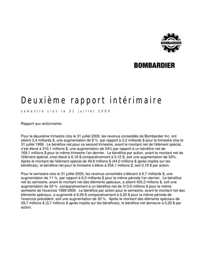 Miniature Bombardier Rapport trimestriel 2000-q2