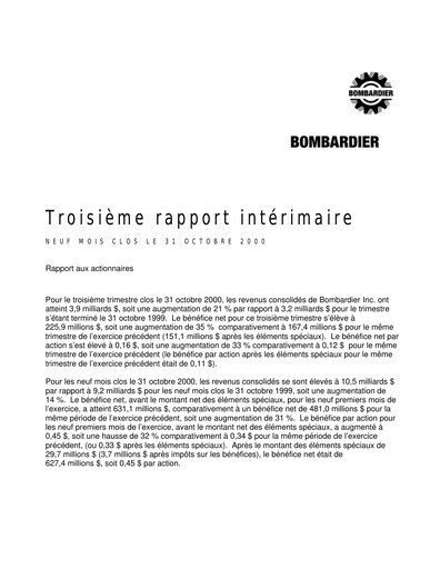 Miniature Bombardier Rapport trimestriel 2000-q3