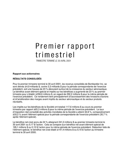Miniature Bombardier Rapport trimestriel 2001-q1