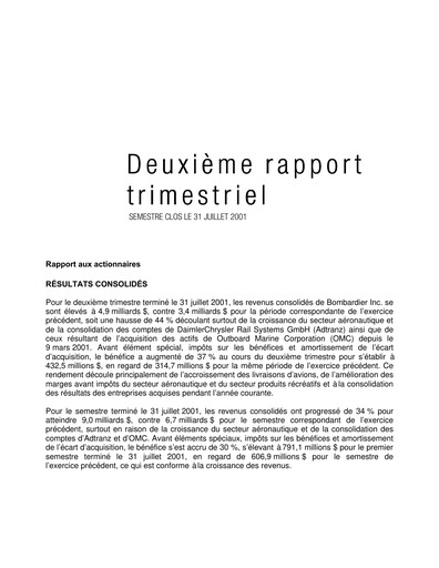 Miniature Bombardier Rapport trimestriel 2001-q2