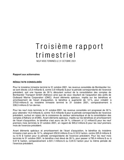 Miniature Bombardier Rapport trimestriel 2001-q3
