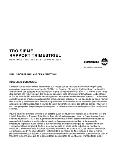Miniature Bombardier Rapport trimestriel 2002-q3