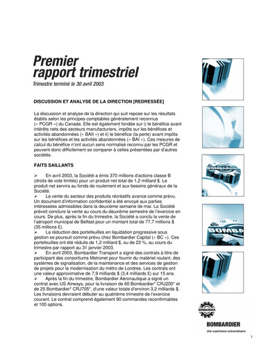 Miniature Bombardier Rapport trimestriel 2003-q1