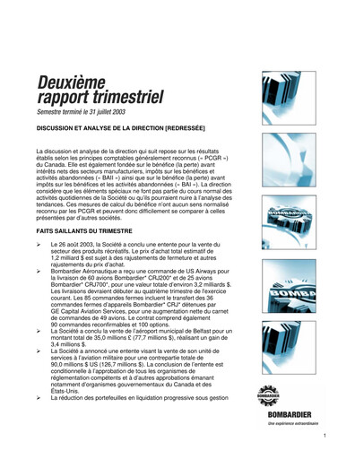 Miniature Bombardier Rapport trimestriel 2003-q2