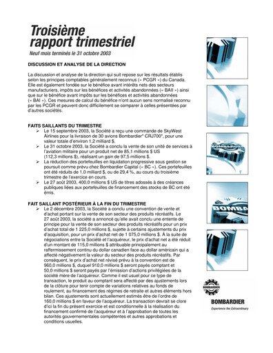 Miniature Bombardier Rapport trimestriel 2003-q3