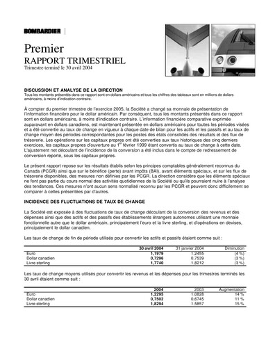 Miniature Bombardier Rapport trimestriel 2004-q1