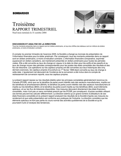 Miniature Bombardier Rapport trimestriel 2004-q3