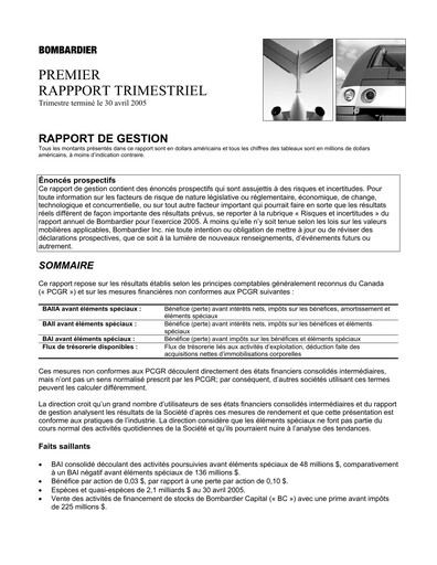 Miniature Bombardier Rapport trimestriel 2005-q1