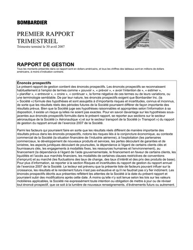 Miniature Bombardier Rapport trimestriel 2007-q1