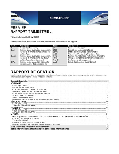 Miniature Bombardier Rapport trimestriel 2009-q1