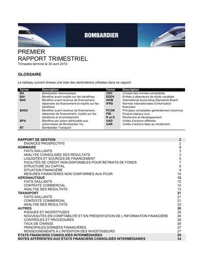 Miniature Bombardier Rapport trimestriel 2010-q1