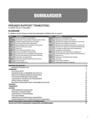 Miniature Bombardier Rapport trimestriel 2020-q1